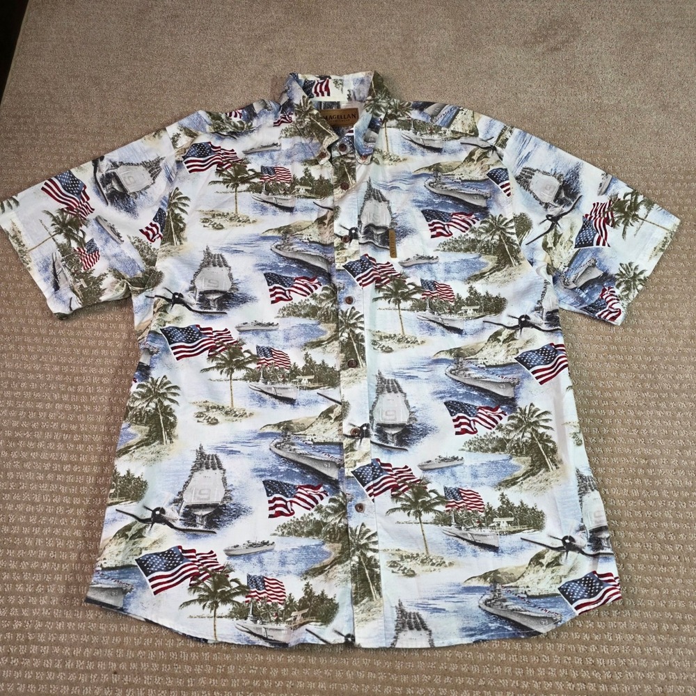 Magellan Sport Short Sleeve Button Down Shirt XL Patriotic Naval Flag Hawaii